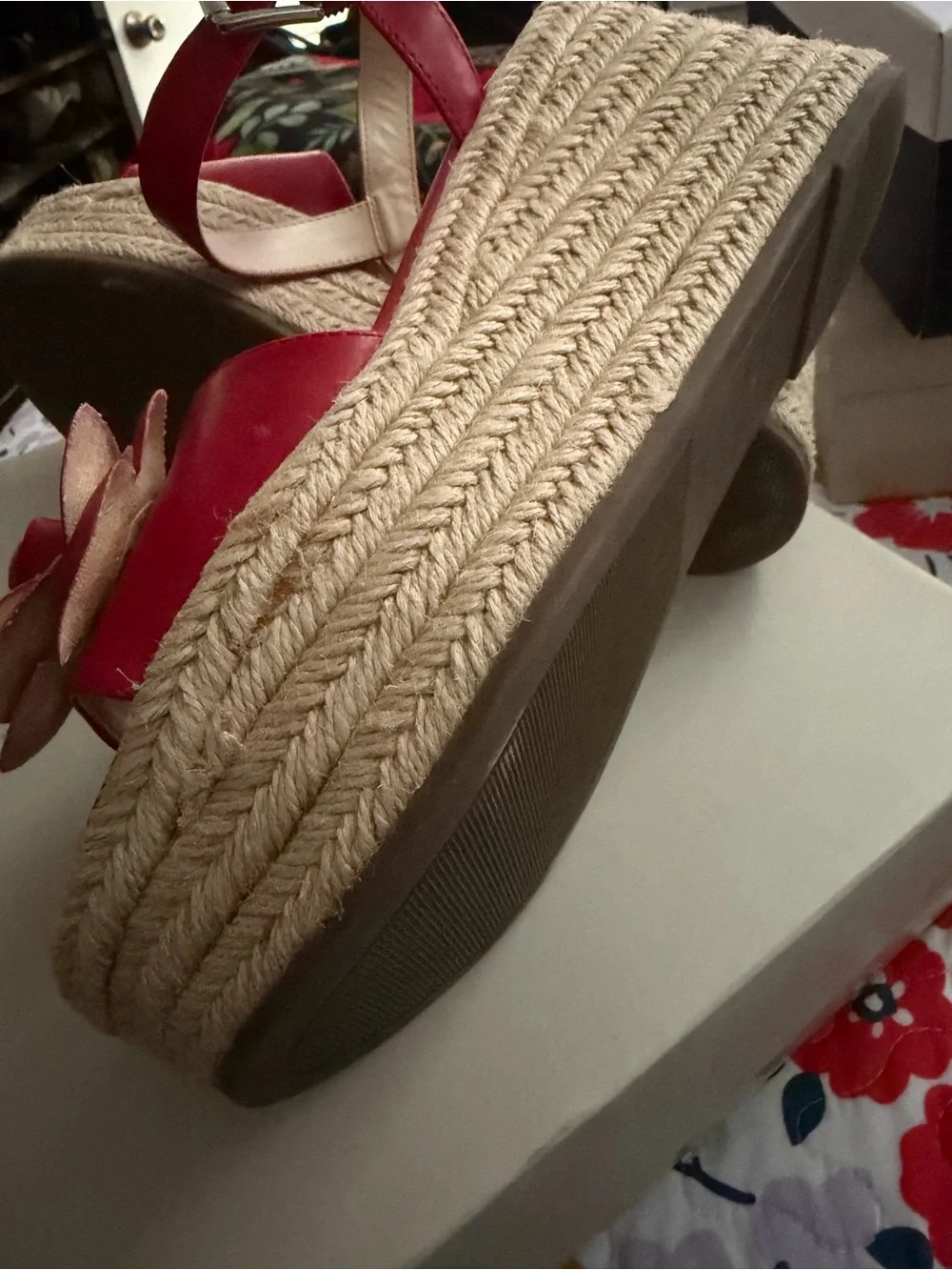 Marc Fisher Red Floral Leather Espadrille Wedges